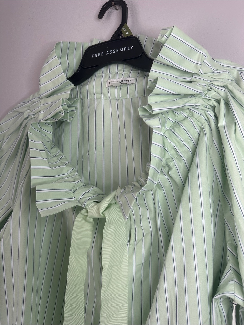 Free Assembly Light Green Striped Ruffle Tie-Neck Blouse size S, & XXL - Picture 7 of 10